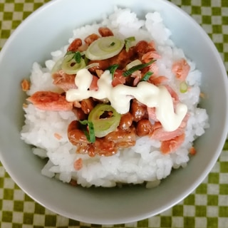 紅鮭ほぐしネギマヨ納豆ご飯